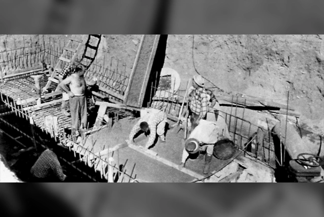 Pouring concrete for the City of Burbank, Kenneth Road MWD Pump Plant project back in the day when hard hats weren’t required.