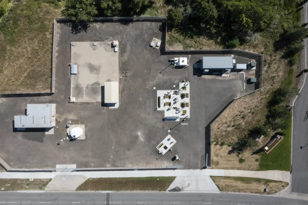 Aerial overview of Northglenn Lift Station A facility showing buildings and paved site layout