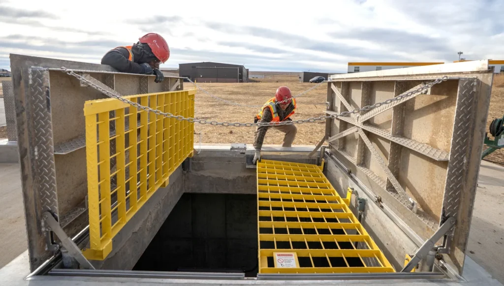 Two workers inspecting a vault access hatch with yellow safety grating at pump station